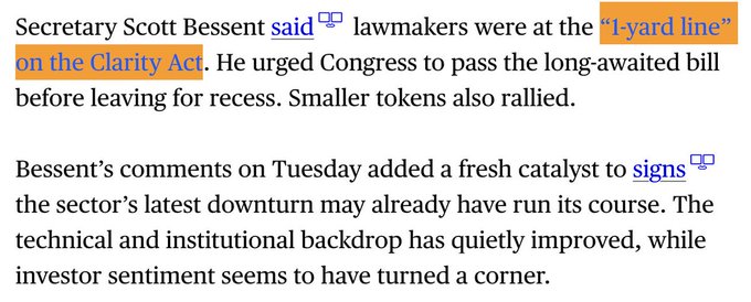 The image shows an excerpt from a Bloomberg article reporting that U.S. Treasury Secretary Scott Bessent told lawmakers the Clarity Act was "at the 1-yard line," urging Congress to pass the long-awaited bill before recess. The post highlights Bessent's comments as a fresh catalyst for the crypto sector, noting improved technical and institutional backdrops alongside a shift in investor sentiment.