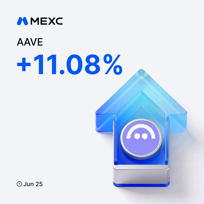 The image shows an upward-pointing arrow with a purple smiley face graphic beneath it, along with text that says "AAVE surging +11.08% Trade now mexc.com/exchange/AAVE_" written on it. The arrow and the smiley face are positioned centrally in the image. In the bottom right corner of the image there is a date, June 25th.