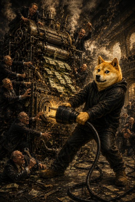 A dramatic illustrated scene featuring a Shiba Inu dog wielding a large industrial tool in a steampunk-style machine workshop, surrounded by suited figures and gold coins.
