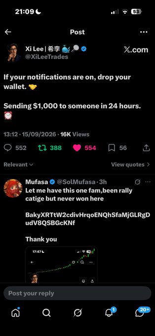 A screenshot of an X (formerly Twitter) post by Xi Lee (@XiLeeTrades) reads 'If your notifications are on, drop your wallet. Sending $1,000 to someone in 24 hours.', alongside a reply from Mufasa.