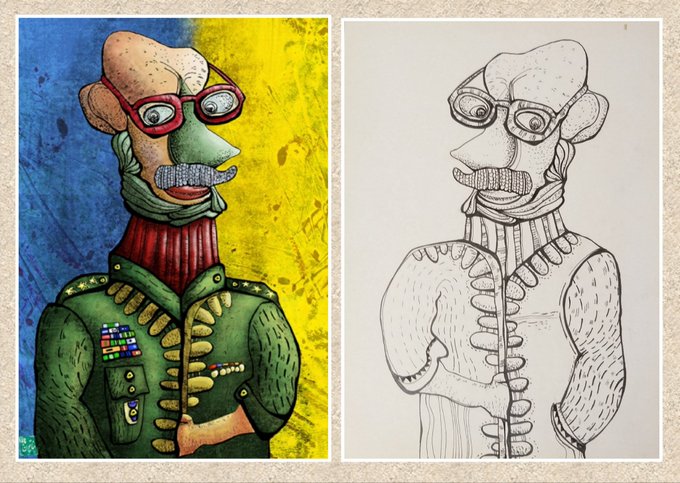 A side-by-side comparison showing the creative progression of a digital artwork, featuring a line drawing sketch on the right that has been fully colored and textured on the left, depicting a character with goggles, a mustache, and a military-style jacket against a vibrant blue and yellow background. The image serves as proof of work for the NFT piece titled "YOUR BRAVE GENERAL" available on objkt.com.