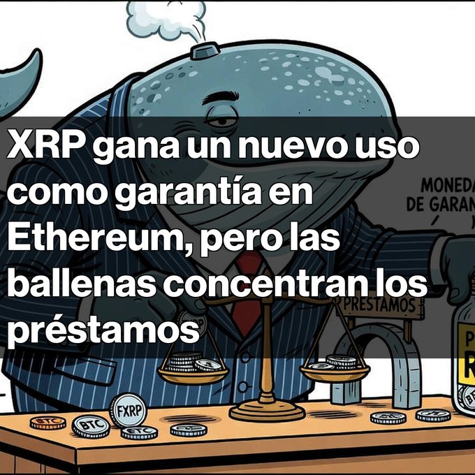 A cartoon image of a whale in a pinstripe suit with text overlay: 'XRP gana un nuevo uso como garantía en Ethereum, pero las ballenas concentran los préstamos', with 'FXRP' coin visible and signs reading 'PRESTAMOS' and 'MONEDA DE GARAN...'.