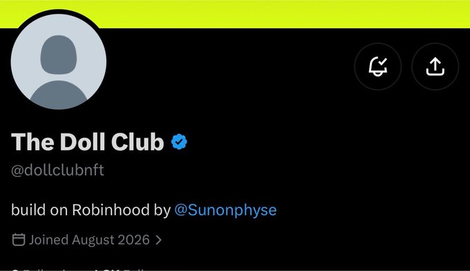 The profile picture and banner for "The Doll Club" (@dollclubnft), a verified NFT project built on Robinhood by @Sunonphyse, shown with a join date of August 2026. The image visually represents the early alpha NFT project mentioned in the post, advertising its free mint on Robinhood and whitelist opportunities for Overnads holders.