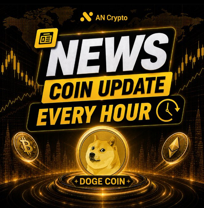 A bold crypto news graphic from "AN Crypto" features the headline "NEWS COIN UPDATE EVERY HOUR" with a central Dogecoin coin and flanking Bitcoin and Ethereum coins, visually reinforcing the post's alert about DOGE whales accumulating 470M tokens ($33M) ahead of a White House crypto meeting.
