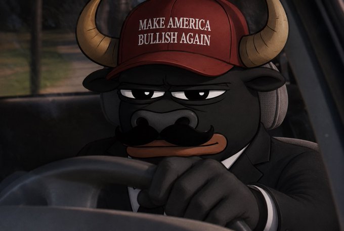 A cartoon bull wearing a red "MAKE AMERICA BULLISH AGAIN" cap, a mustache, and a suit grips a steering wheel with a stern expression. The image's confident, determined bull persona mirrors the post's bullish outlook, suggesting the author is unfazed by a temporary pullback in their internet meme coin holdings and ready to push prices back up.