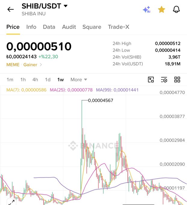 A Binance price chart for SHIB/USDT (Shiba Inu) on the weekly timeframe shows the token currently trading at 0.00000510, down 22.30% from 0.0000024143, with a notable historical spike highlighted at 0.00004567—referencing the big March 2024 candle where early holders reportedly saw 3-5x returns.