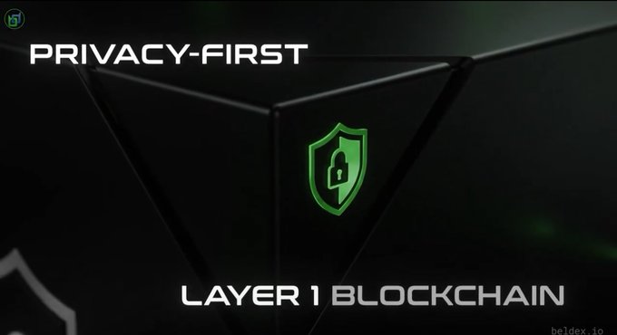 Promotional graphic for a privacy-first Layer 1 blockchain featuring a green shield/lock icon with 'beldex.io' watermark.