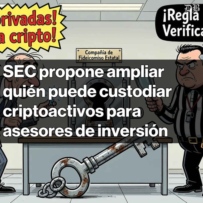 A Spanish-language political cartoon with text 'SEC propone ampliar quién puede custodiar criptoactivos para asesores de inversión', showing armed security guards and a giant rusty key, labeled 'Compañía de Fideicomiso Estatal'.