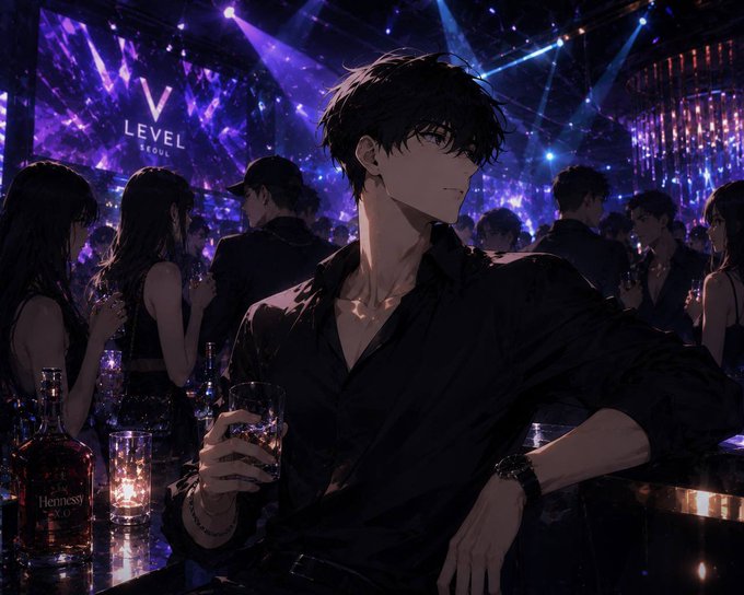 A stylish anime man in a black shirt leans against the bar of a vibrant purple nightclub, holding a glass beside a bottle of Hennessy XO under neon "LEVEL SEOUL" signage. The image's high-end, exclusive club atmosphere visually contrasts the post's message about quantum computing moving beyond specialist hands to become widely accessible.