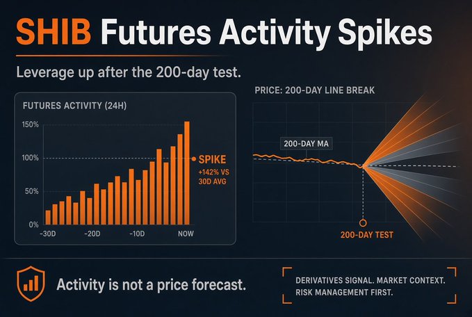An infographic titled 'SHIB Futures Activity Spikes' features two charts about leverage and a 200-day line break for Shiba Inu, with the note 'Activity is not a price forecast.'