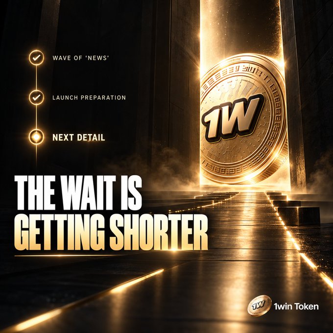 A promotional graphic for '1win Token' features a large glowing gold coin, a timeline with 'Wave of News' and 'Launch Preparation' checkmarks, and the bold text 'THE WAIT IS GETTING SHORTER'.