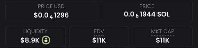 The image shows a cryptocurrency price tracker with extremely low values: $0.04 USD, 0.061944 SOL, $8.9K liquidity, and $11K FDV/Market Cap, illustrating the "20k market cap" memecoin referenced in the post. The tiny price and minimal market cap support the post's claim of finding a micro-cap altcoin with potential for massive 1000x+ gains.