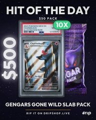A promotional advertisement for DripDrop showing a Pokemon trading card 'Gengar' labeled as 'HIT OF THE DAY' with a $50 pack and 10X promotion, displaying the text 'GENGARS GONE WILD SLAB PACK' and 'RIP IT ON DRIPDROP.LIVE'.