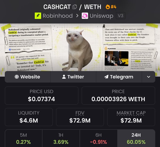 A webpage for the CASHCAT/WETH token (#4) on Robinhood and Uniswap V3, featuring a white cat meme image, a price of $0.07374, a market cap of $72.9M, and various percentage changes.