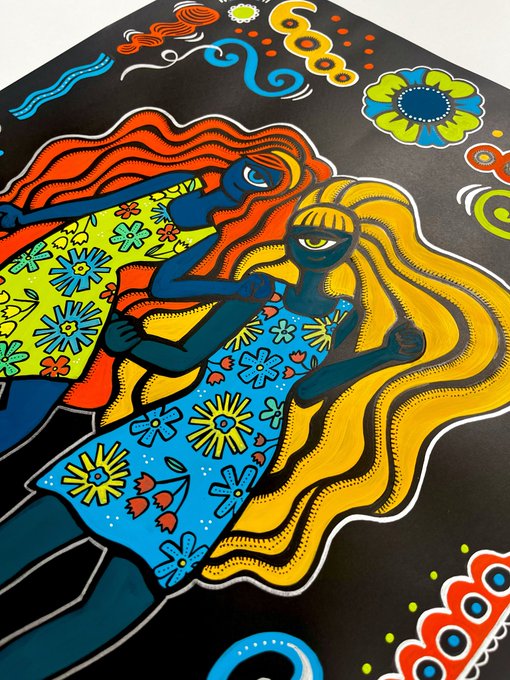 A vibrant, colorful illustration featuring two stylized figures with flowing hair, decorated with bright floral patterns in blue, yellow, orange, and green against a black background.