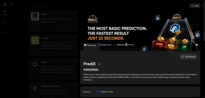 The image displays PrediX on Arbitrum One as a "Prediction Markets" platform, described as an "on-chain prediction game" featuring 22-second round intervals with three outcome choices (UP, NOW, DOWN). A user opens the modal after viewing a list of prediction platforms, with text reading "THE MOST BASIC PREDICTION, THE FASTEST RESULT, JUST 22 SECONDS," reinforcing the post's emphasis on PrediX's near-instant settlement compared to traditional multi-day prediction markets.