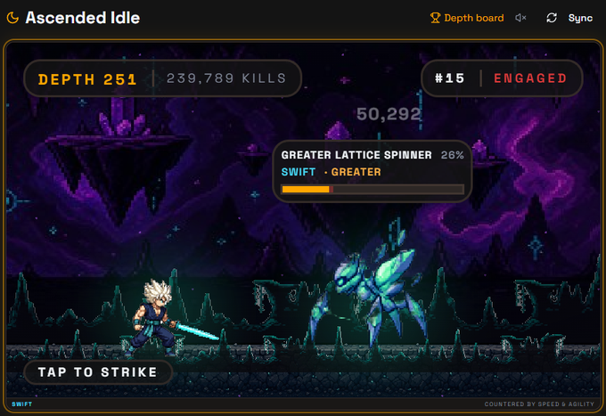 A screenshot of a mobile game called 'Ascended Idle' showing a character at Depth 251 with 239,789 kills battling a 'GREATER LATTICE SPINNER' enemy in a purple crystalline cavern.