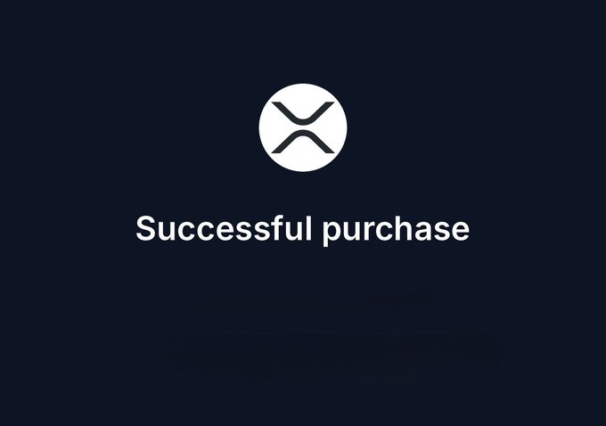 A dark screen displays the XRP logo above the message "Successful purchase," confirming the completion of another XRP acquisition as noted in the post.