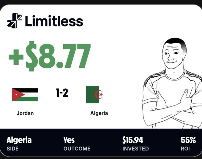 The image features a man with crossed arms, wearing a white shirt and black pants, standing against a white background. The text "Limitless" is displayed at the top of the image, along with a graphic that shows the price of an item as $8.77. The caption below the image reads "Early morning breakfast came in early on @trylimitless Algeria delivers Flip this yesterday from $6 to 24$ We go again today".