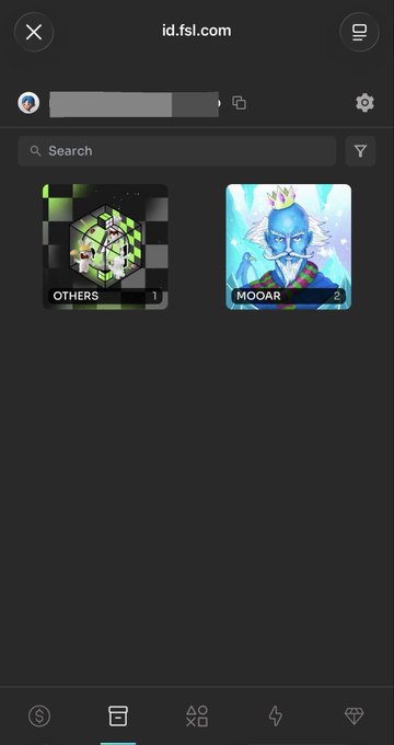 A mobile app interface from 'id.fsl.com' showing a dark screen with two game cards visible, labeled 'OTHERS' and 'MOOAЯ'.
