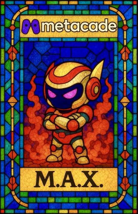 A stained glass-style illustration featuring a red and gold armored character with the text 'metacade' at the top and 'M.A.X.' at the bottom.