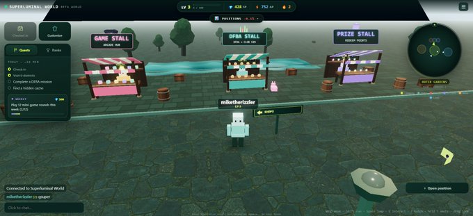 A user named "miletheritzler" explores a colorful 3D virtual marketplace in "Supermental World" featuring three stalls: Game Stall, Prize Stall, and another Prize Stall. The scene shows level 9 stats (LV 9, 428 xp, 752 XP) and quest options, visualizing a gamified crypto/DeFi experience that aligns with the playful approach to perpetual DEX trading.