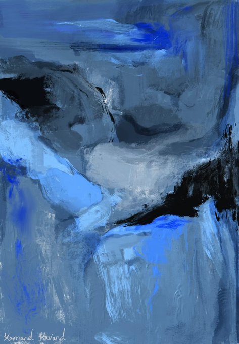 An abstract expressionist painting featuring bold brushstrokes in shades of blue, gray, black, and white, signed 'Korinne Harvard' in the bottom left.