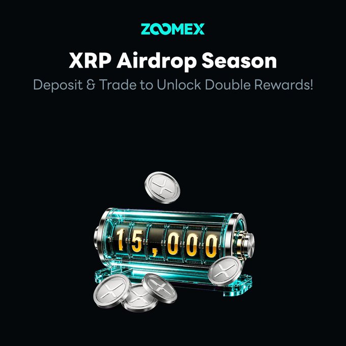 The image is a promotional graphic for ZOOMEX's "XRP Airdrop Season," featuring a digital slot machine displaying "15,000" surrounded by silver XRP coins against a black background, with text inviting users to "Deposit & Trade to Unlock Double Rewards!" The slot machine imagery and coin graphics visually reinforce the post's messaging about a high-value airdrop carnival where new users can claim up to 50 XRP and trade to share in a 10K token prize pool.