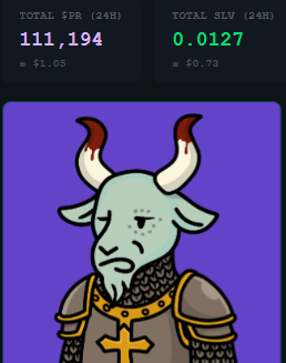 A crypto dashboard displays 24-hour metrics of 111,194 ($1.05) in PR and 0.0127 ($0.73) in SLV, alongside a cartoon goat warrior, illustrating the post's boast about a $2 mint from @agoatcult quickly recouping its cost within a day.