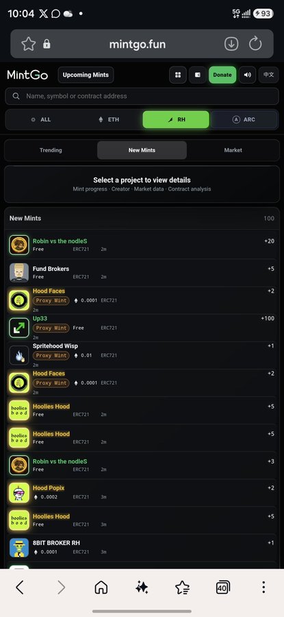 A mobile screenshot of the mintgo.fun website showing the 'New Mints' list on the RH (Ronin) blockchain, featuring projects like Robin vs the nodleS, Fund Brokers, and Hood Faces.