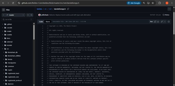 GitHub repository page showing the source code of dandelionpp.h file from beldex-core project, displaying the copyright header and MIT license terms in C++.