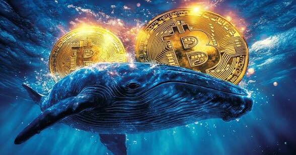A surreal digital artwork of a large blue whale swimming underwater with two giant golden Bitcoin coins mounted on its back.