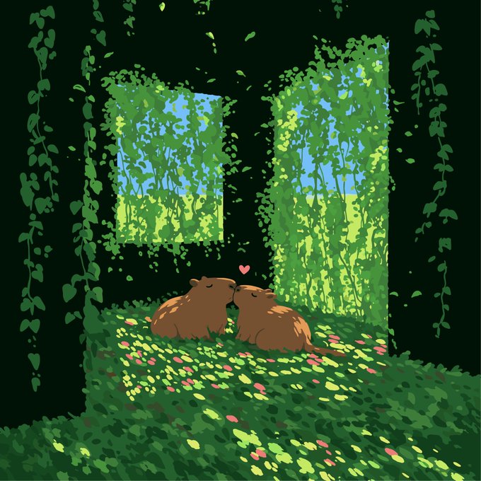 A pixel-art illustration depicts two brown animals kissing in a flower-filled room, with a pink heart floating above them and ivy-covered windows in the background.