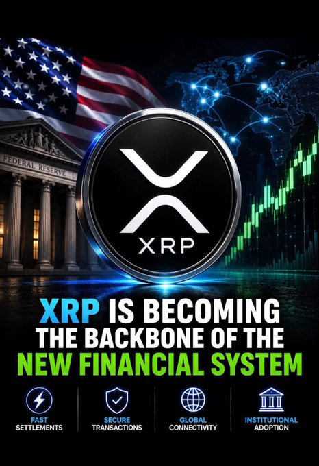 The image features a poster with an American flag, XRP logo, and a blue globe. It also includes text that reads "XRP is becoming the backbone of the new financial system" and "focus on what is in the image". The poster seems to be promoting or discussing the potential impact of XRP as a disruptive force in the financial industry.