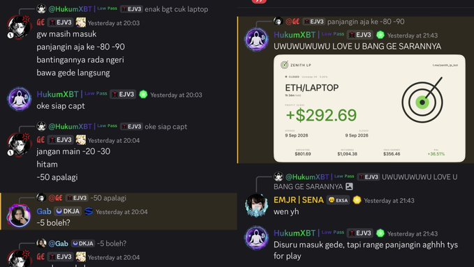 A Discord conversation shows user @HukumXBT receiving advice to "LP" (limit order) and buy ETH at ~$2,904, after which the displayed price chart shows ETH/LAPTOP surging +36.31% to $292.69, illustrating the "always missed runner" frustration referenced in the post.