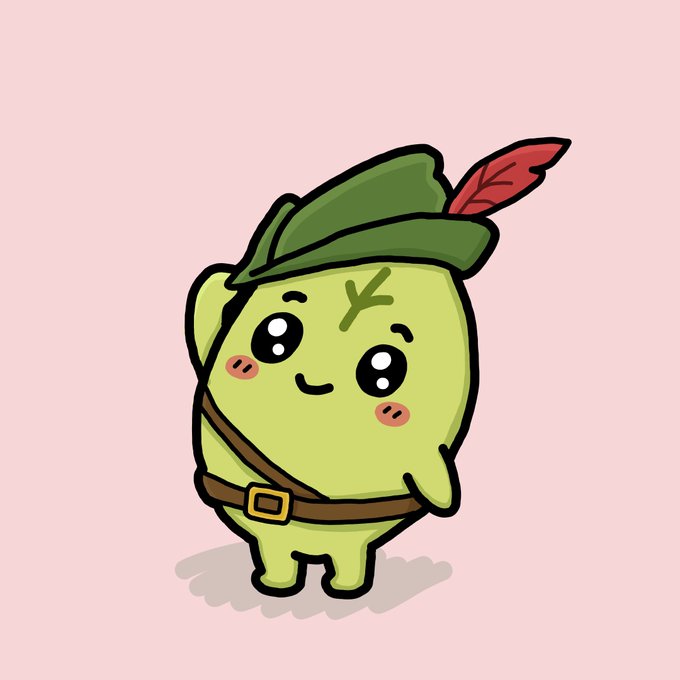 A cute cartoon green blob character dressed as Robin Hood with a feathered green hat and a brown belt.