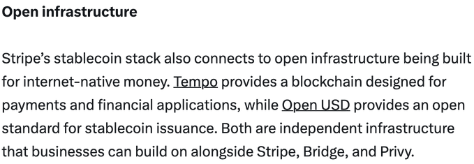 A screenshot titled 'Open infrastructure' discussing Stripe's stablecoin stack, mentioning Tempo (a blockchain for payments) and Open USD (a standard for stablecoin issuance).