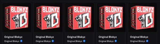 The image shows five identical product boxes labeled "Original Blokyz" with a black-and-white dog mascot wearing a black hoodie and holding a bone, likely representing a digital collectible or token. The repetition of the boxes visually reinforces the post's celebratory tone about the Blokyz project, aiming to pump its value toward 1 ETH.