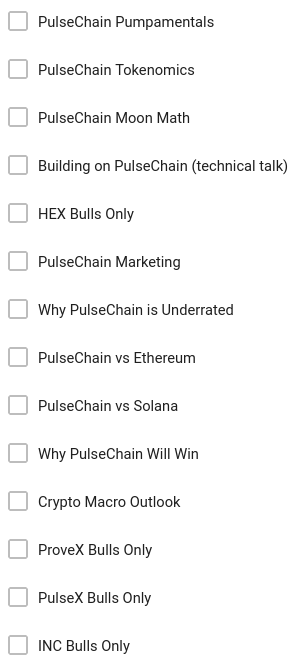 A list of checkbox topic options for speaker/panel submissions at Pulse Conference, featuring PulseChain-focused themes like "PulseChain Pumpamentals," "HEX Bulls Only," and "PulseChain vs Ethereum," alongside general topics such as "Crypto Macro Outlook" and ticker-specific tracks for "PulseX Bulls Only" and "INC Bulls Only."