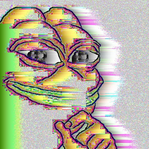 A distorted, glitchy digital rendering of Pepe the Frog, the iconic meme character often associated with $PEPE cryptocurrency, rendered in warped yellow and pink hues against a green background with heavy pixelation artifacts. The image's nostalgic internet meme aesthetic ties directly to the post's reference to "$PEPE legends," celebrating the frog's enduring status in meme culture.