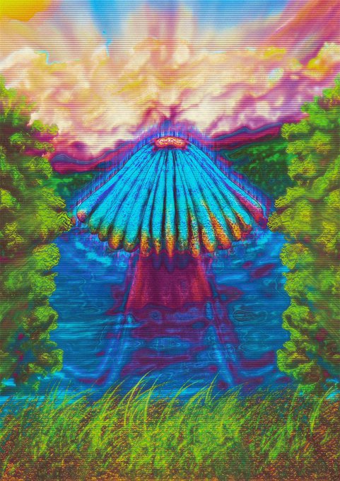 A vibrant, surreal digital artwork depicting a colorful, textured structure resembling an umbrella or fountain surrounded by neon green and blue hues.