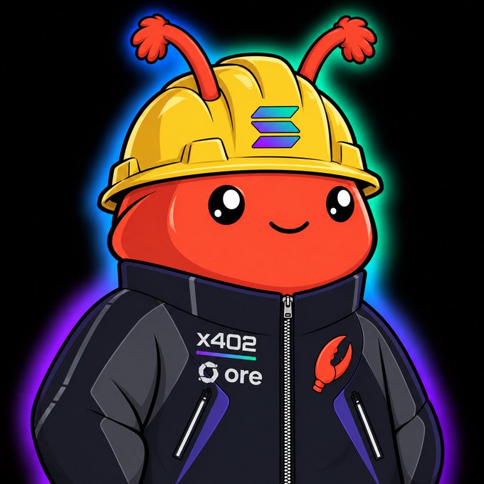 A cute cartoon mascot of a red character wearing a yellow hard hat and dark jacket labeled "x402 Ore" is depicted, aligning with the post's promotion of downloading "clawd" to mine the $ORE token via @muse.