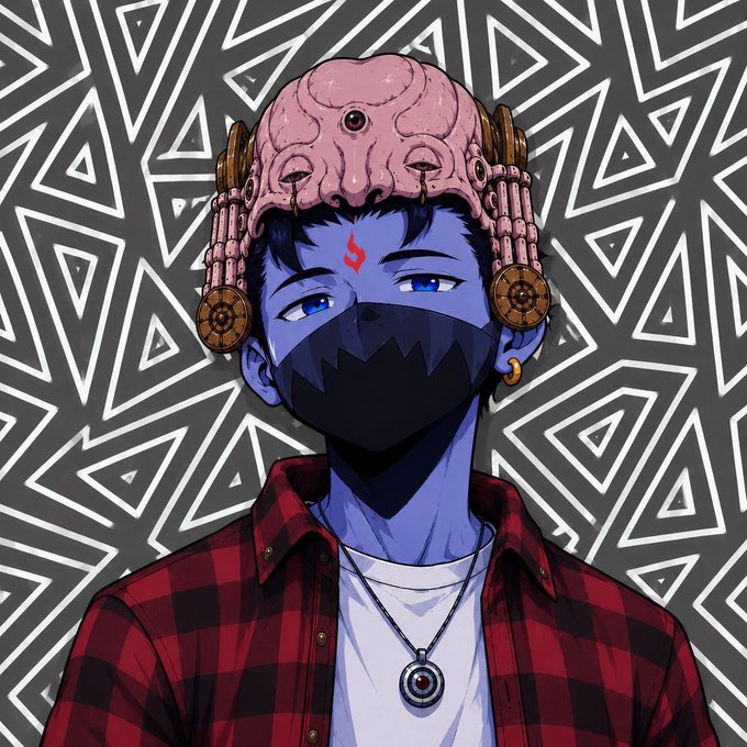 An anime-style digital illustration of a blue-skinned character wearing a red and black plaid shirt and a mechanical helmet resembling a brain, with a red symbol on their forehead.