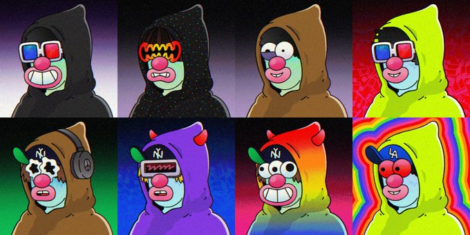 A grid of eight colorful cartoon characters known as "Hoodie Groopies," each wearing a hooded sweatshirt and featuring exaggerated facial features with the letters "NY" visible on some hats. The image showcases the variety of designs within the NFT collection, complementing the post's promotion of their strong trading volume and OpenSea availability.
