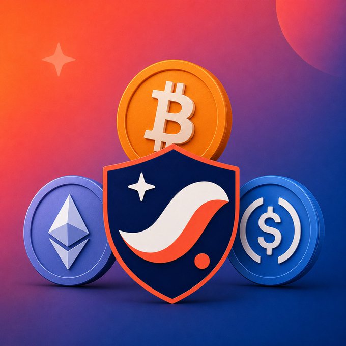 A shield emblem rests in front of three large cryptocurrency coins—Bitcoin (₿), Ethereum (Ξ), and USDC ($)—against a vibrant orange-to-purple gradient background, visually reinforcing the post's message that Starknet offers one-click privacy for BTC, ETH, STRK, USDC, RWAs, and meme tokens alike.
