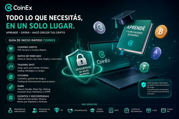 A Spanish-language promotional advertisement for CoinEx cryptocurrency exchange titled 'TODO LO QUE NECESITÁS, EN UN SOLO LUGAR', listing features like Comprá Cripto, Trading Spot, Futuros, and Earn.