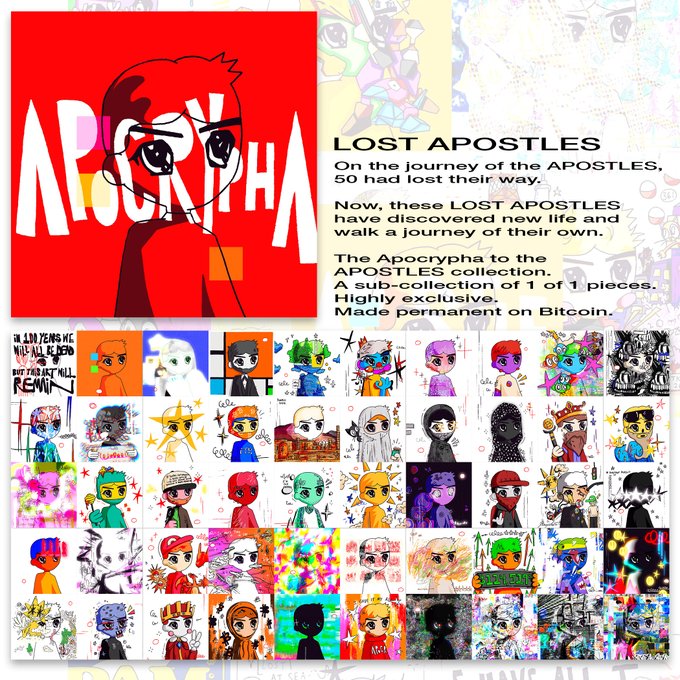 A promotional graphic for "Lost Apostles" NFT collection features a large red square with the text "APOCRYPHA" and a stylized anime-style face, alongside a grid of various colorful character portraits and text reading "LOST APOSTLES — On the journey of the APOSTLES, 50 had lost their way..." and notes it was minted on Bitcoin.