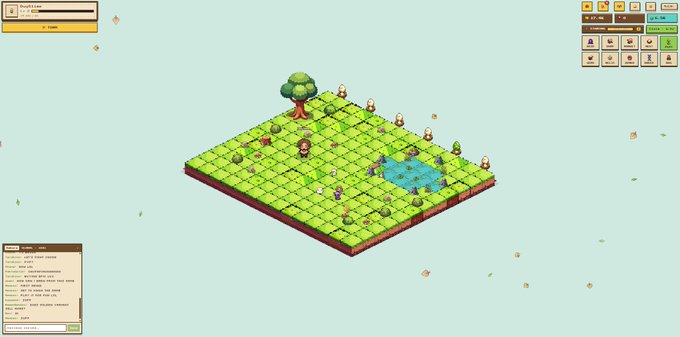A pixel-art isometric game scene showing characters on a green tiled platform with a tree and pond, featuring a chat window in the bottom left and game UI elements in the top right.