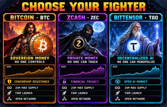 A "CHOOSE YOUR FIGHTER" themed cryptocurrency comparison graphic featuring Bitcoin (BTC) as a warrior, Zcash (ZEC) as a ninja, and Bittensor (TAO) as a wizard, with charts showing 60D performance.