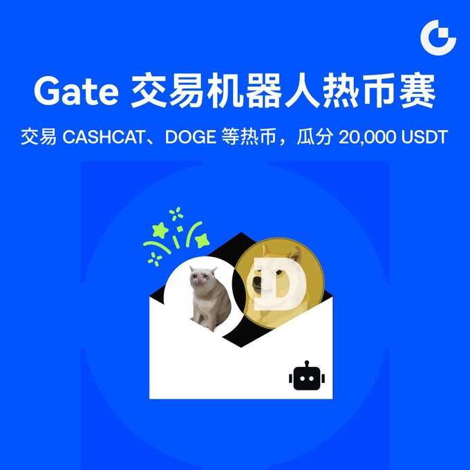 A blue promotional graphic for 'Gate' reads 'Gate 交易机器人热币赛' and '交易 CASHCAT、DOGE 等热币，瓜分 20,000 USDT', featuring images of a cat and Dogecoin.